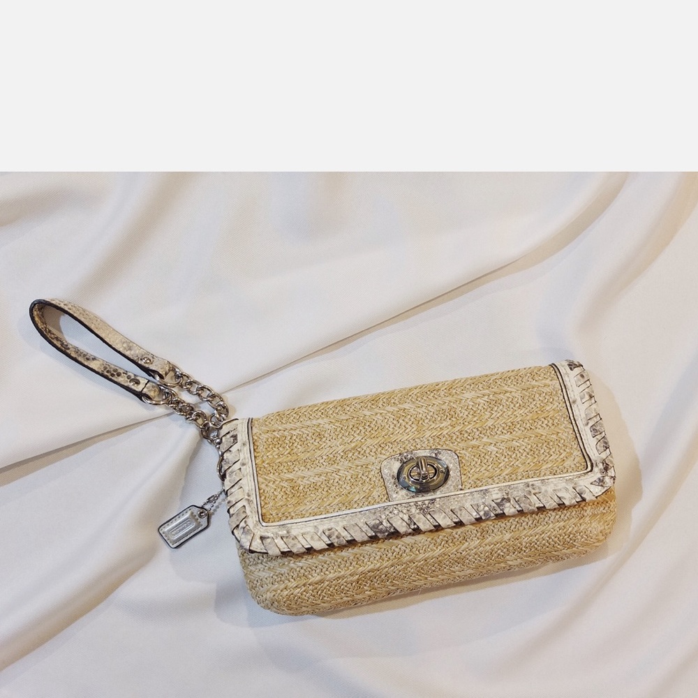 Coach Leather-Trimmed Raffia Clutch